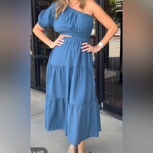 Blue one shoulder tiered maxi dress